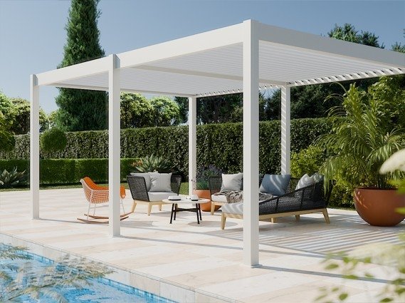 Gazebo pergola bioclimatique blanc rustique OCEAN 3,6x6 avec structure en aluminium
