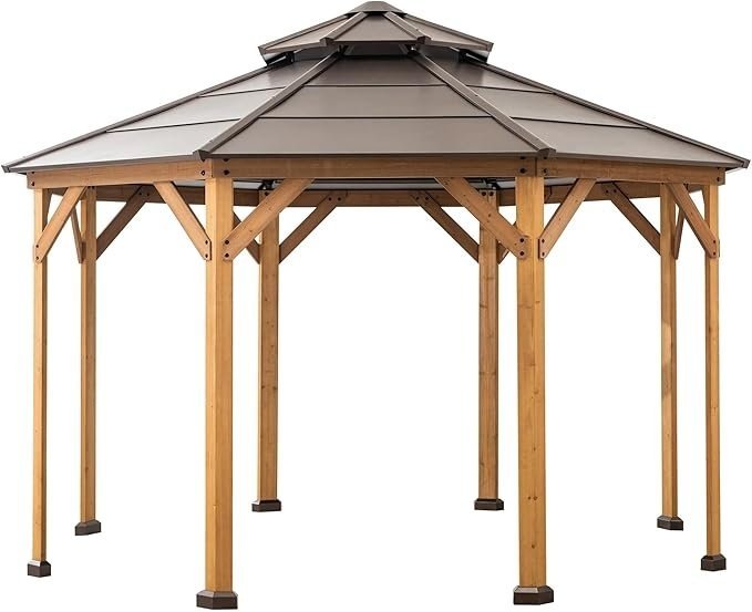 Sunjoy Nebraska Collection 13 Ft. x 13 Ft. Gazebo octogonal encadré de Cèdre avec toit rigide en acier à 2 niveaux Sunjoy Brown Other